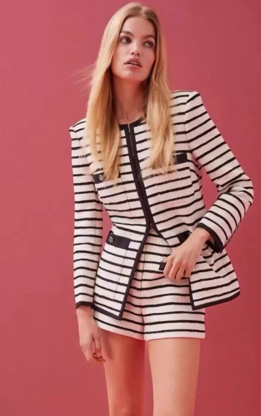 NWT Veronica Beard Foster Dickey Jacket Ivory Black Tweed Striped Blazer Size 8